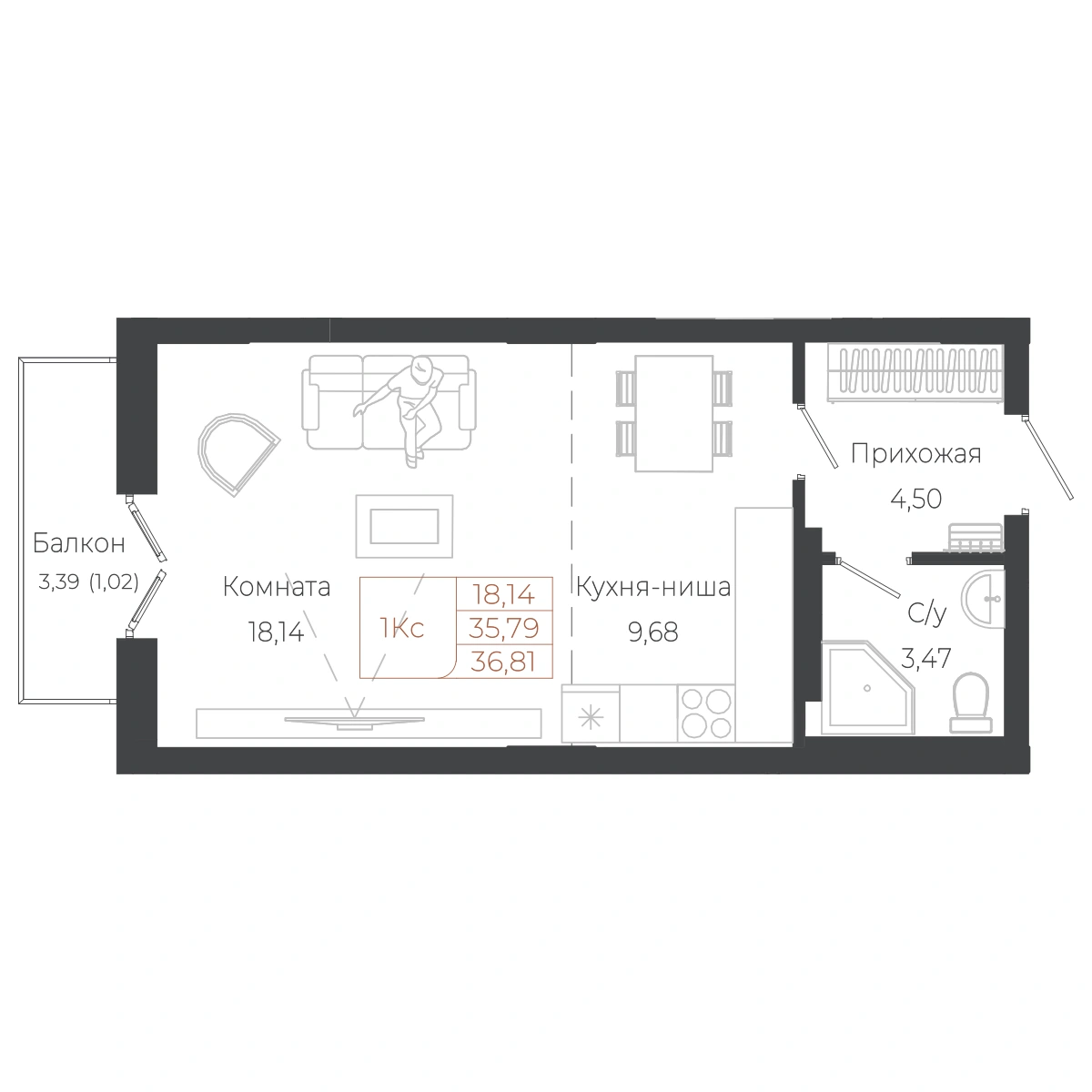 Планировка: 1-комнатная квартира, 36,8 м²