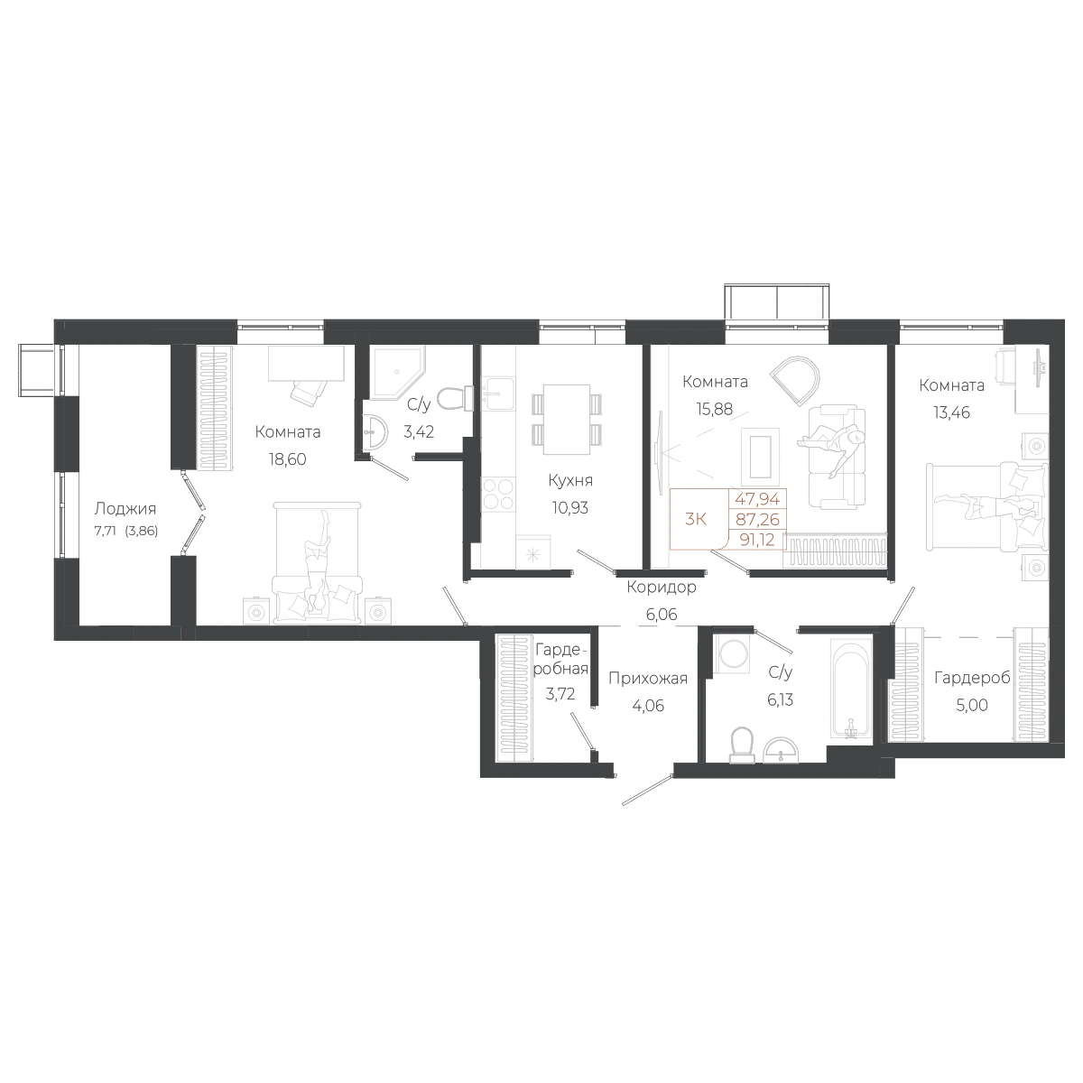 Планировка: 3-комнатная квартира, 91,1 м²